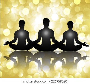 Men meditate, yoga. Abstract vector background, orange Lights elements background. 