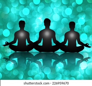 Men meditate, yoga. Abstract vector background, blue Lights elements background. 