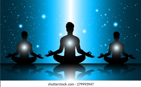 men meditate, yoga. on blue sky background. star