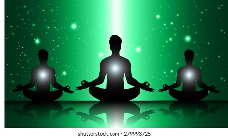 men meditate, yoga. on green sky background. star