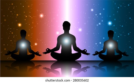 men meditate, yoga. star galaxy brown pink blue background.