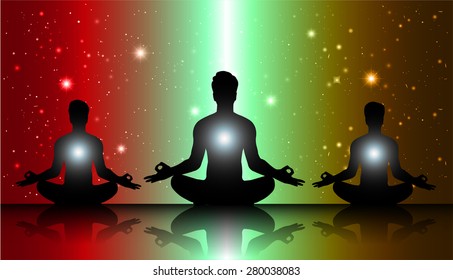 men meditate, yoga. star galaxy red green brown background.