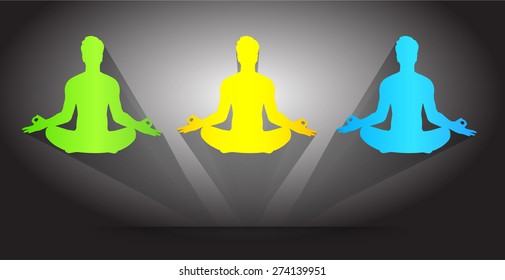 Men meditation green yellow blue abstract shadow background. yoga.