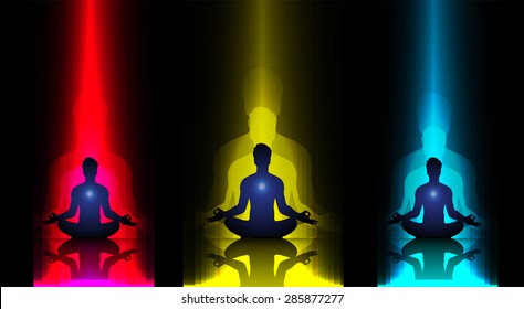 Men meditation on abstract aura red yellow blue background. yoga. beam