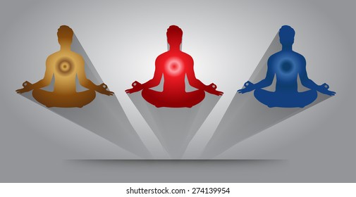 Men meditation orange red blue abstract shadow background. yoga.