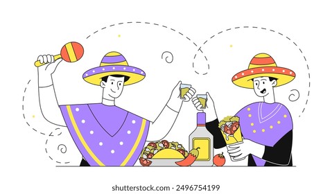 Men with Mexican food. Young guys with marcas in sombreros drink tequila and eat tacos and burritos. Mexican culture and cuisine. Linear vector illustration isolated on white background