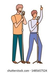 men with microphone on white background