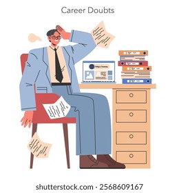 Men Midlife Crisis concept. A businessman questioning his career choices surrounded by stacks of work. Office setting conveying stress and reconsideration. Vector illustration.