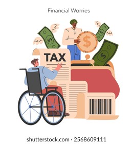 Men Midlife Crisis concept. Illustration portraying individuals facing economic challenges, emphasizing tax burdens and money woes. Vector illustration.