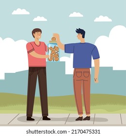 men with money donation volunteering scene