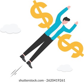 men with money wings take off and fly to the sky, the power and energy of money

