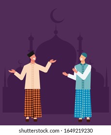 Men And Mosque Vector Illustration Design, Ramadam Kareem and Eid Mubar, Indonesian Muslim Outfit, Taraweh or Tarawih, Selamat idul fitri or aidil fitri, Lebaran and puasa, Sarung and Baju Koko