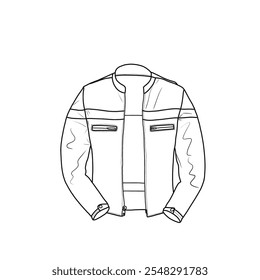 Herren Motorradjacke Mandarinenkragen und Streifen detaillierter Bikerjacke mit Doppeltaschen, Line Art, flache Skizze. Geeignet für Ihre Bikerjacke, bearbeitbare Farbe und Schlaganfall.