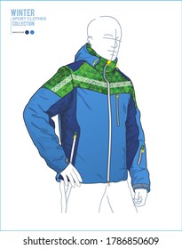 Men Mountain Waterproof Ski Jacket Windproof Rain Jacket Winter Warm Snow Coat. Realistic vector fleece rain jacket. Ski Package. Clothes set in sketch men.