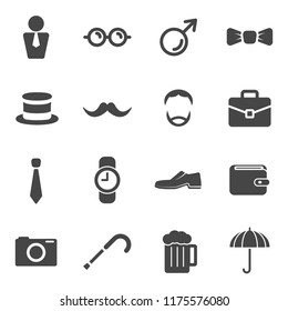 Men moustache props item icons. Participants grow a mustache and gentlemen accessories. Fashion of hat mask glasses and celebration. Flat icons collection set. Black white icons for web decoration.