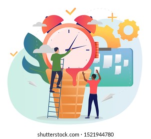 Men moving alarm clock hands. Standing on ladder, note board, gears. Time management concept. Vector illustration for posters, presentation slides, landing pages