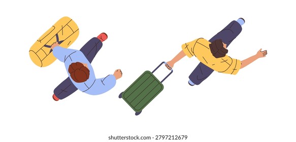 Men moving and carrying luggages. Vector isolated male characters going to bus station or airport, top view. Motion and city rhythm. Daily routines and travel. Urban life or transportation