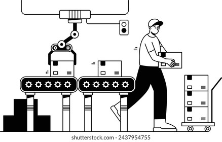 Men moving goods are assisted by machines