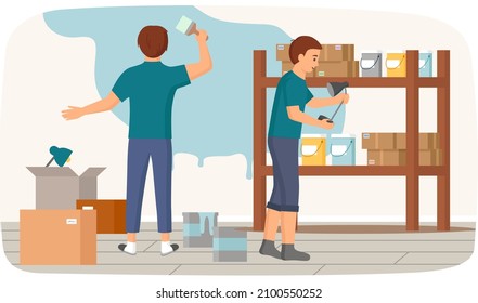 Men moving to new house change place of residence. Rental of premises, redecorating concept. Male characters settle down after moving to home. People make repairs in new apartment, paint walls