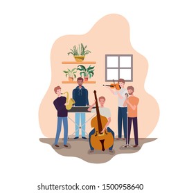 men with musical instruments and houseplants of background