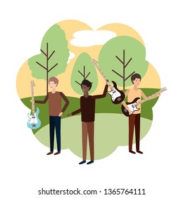 men with musical instruments in landscape