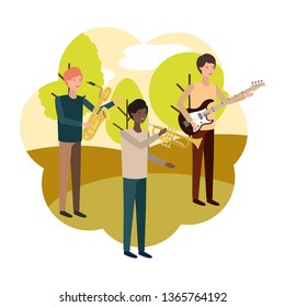 men with musical instruments in landscape
