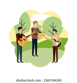 men with musical instruments in landscape
