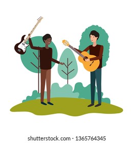 men with musical instruments in landscape