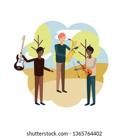 men with musical instruments in landscape