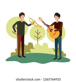 men with musical instruments in landscape