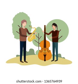men with musical instruments in landscape