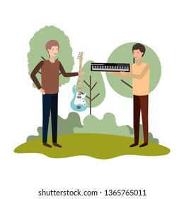 men with musical instruments in landscape