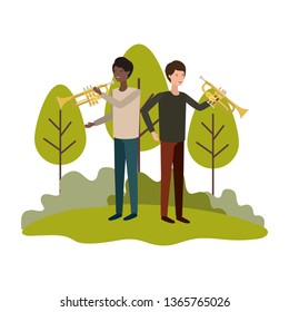 men with musical instruments in landscape