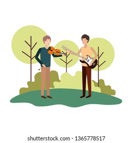 men with musical instruments in landscape