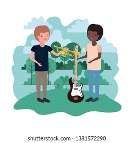 men with musical instruments in landscape
