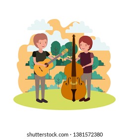 men with musical instruments in landscape