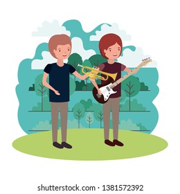 men with musical instruments in landscape