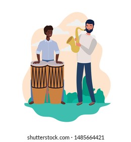 men with musicals instruments and background landscape