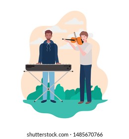 men with musicals instruments and background landscape
