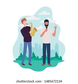 men with musicals instruments and background landscape