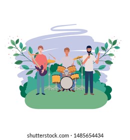 men with musicals instruments and branches and leaves in the background