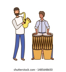 men with musicals instruments on white background