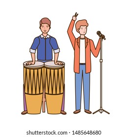 men with musicals instruments on white background