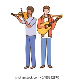 men with musicals instruments on white background