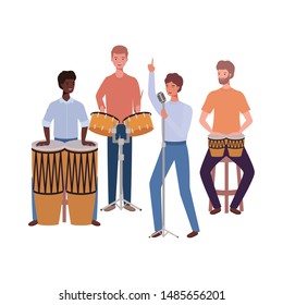 men with musicals instruments on white background