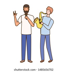 men with musicals instruments on white background