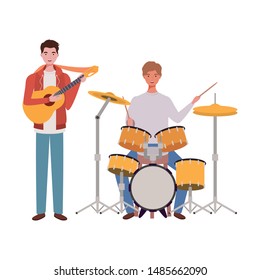 men with musicals instruments on white background