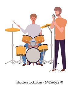 men with musicals instruments on white background