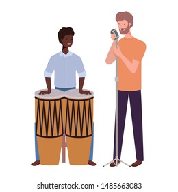 men with musicals instruments on white background