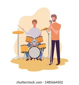men with musicals instruments on white background